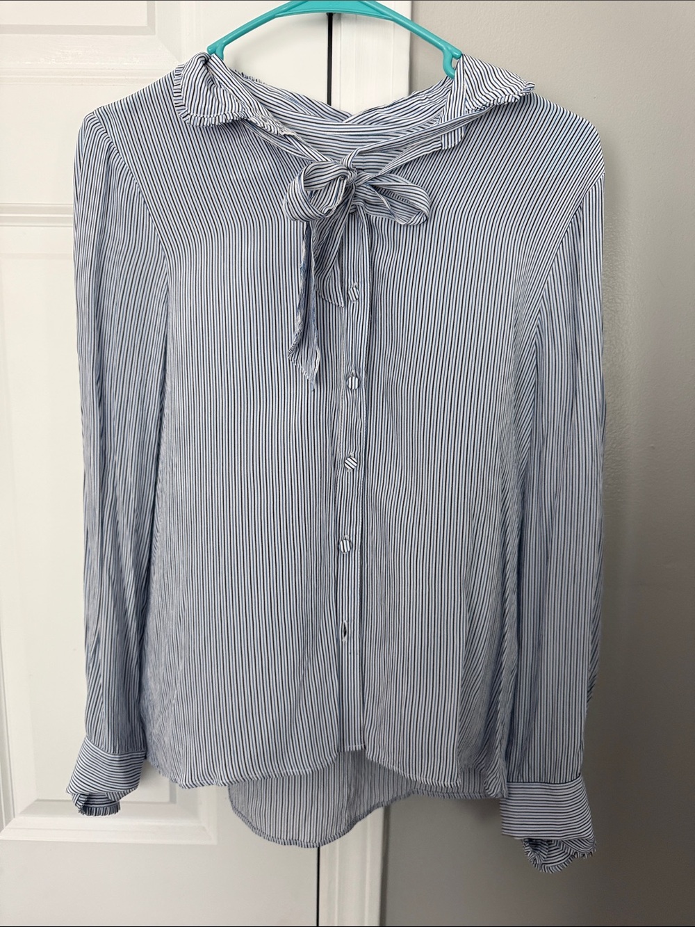 J. Crew Blue and White Striped Bow-Tie Button-Down Blouse
